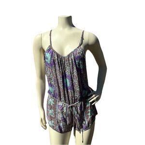 Flynn Skye Purple Floral Mini Romper Spaghetti Strap + Drawstring Waist Size 1